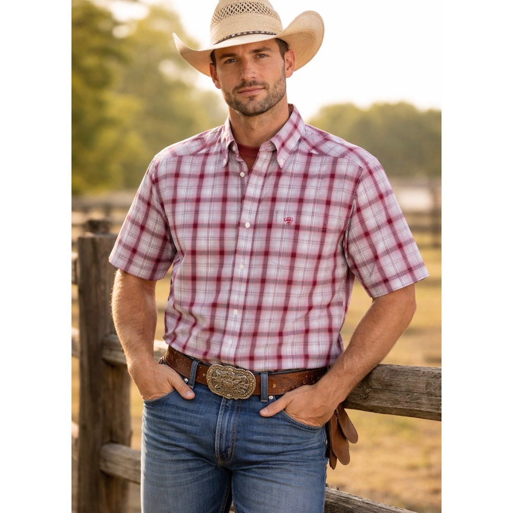 Ariat Pro Series Mens XXL Short Sleeve Western Plaid Button Down Shrt Red Purple